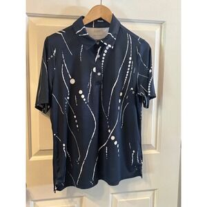 Acegolfs Womens Navy Blue White Abstract Graphic Print Golf Polo Shirt ~ SZ L
